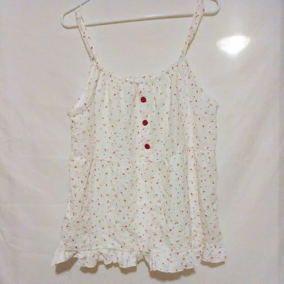 White Red Ditsy Floral Babydoll Cami Top L Cottagecore Coquette Y2K Ruffle Hem - Picture 2 of 5